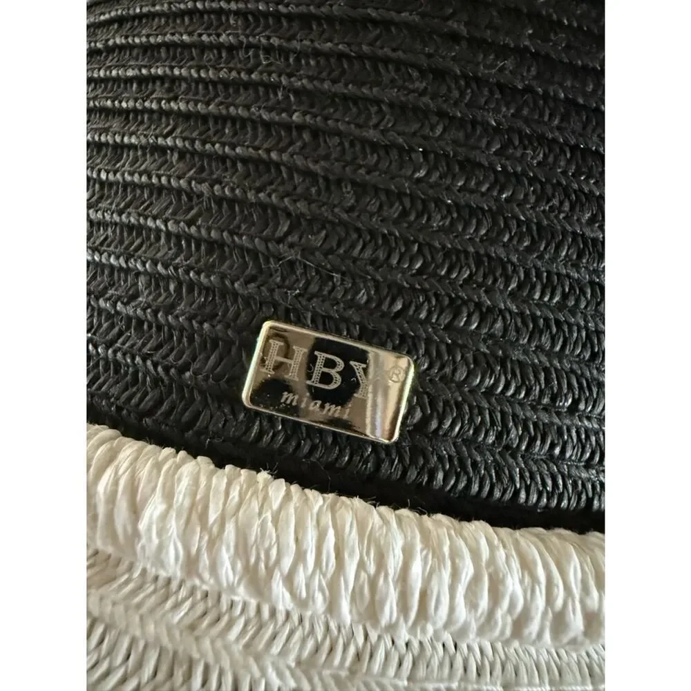 HBY Miami Women Straw Hat Black And White Wide Brim One Size Paper Straw Beach